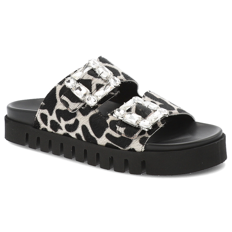 Klapki damskie Chebello, na grubej platformie eleganckie z ozdobnymi klamrami, czarne, S390-4688