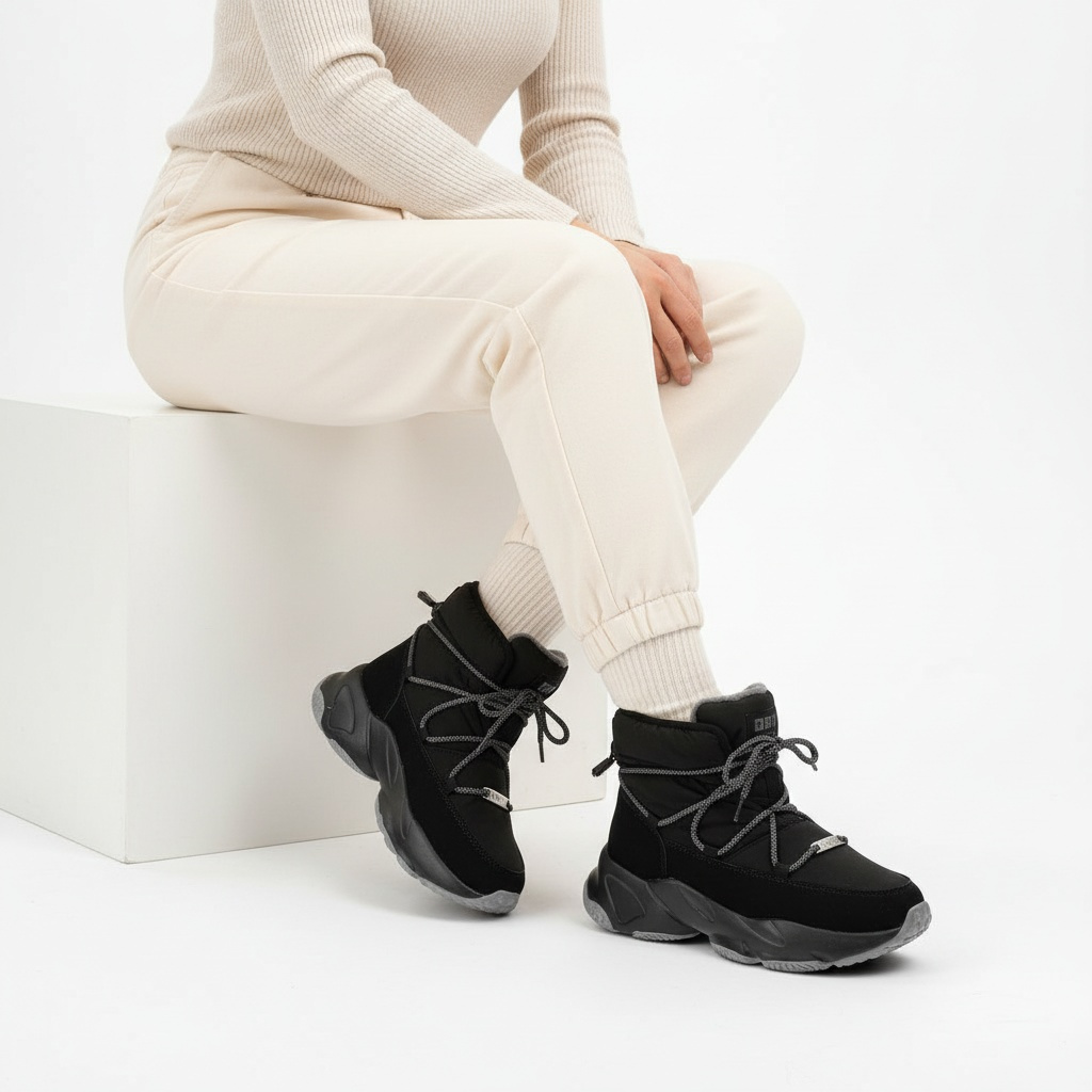 Śniegowce damskie Big Star, z połączenia materiału tekstylnego i syntetycznego z wysoką cholewką sznurowaniem z elastycznymi linkami, czarne, KK27427