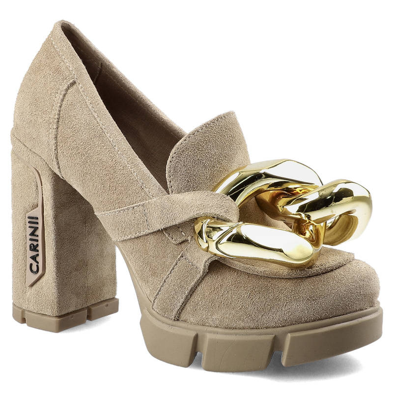 Półbuty damskie Carinii, wsuwany fason typu mokasyny cholewka ze skóry naturalnej zamszowej masywna platforma wysoki stabilny obcas typu słupek ozdob