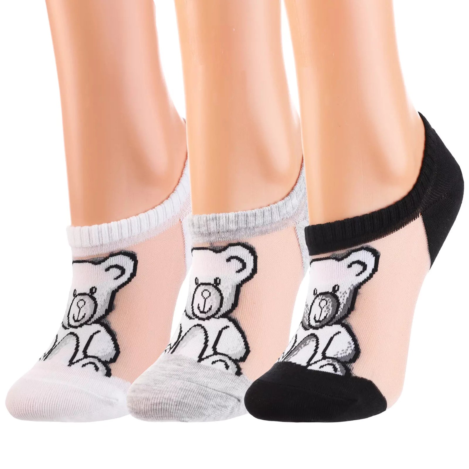 Baleriny damskie Moraj, z siateczką w misie elastyczne i niskie 3 pary, białe-szare-czarne, CDB200-139