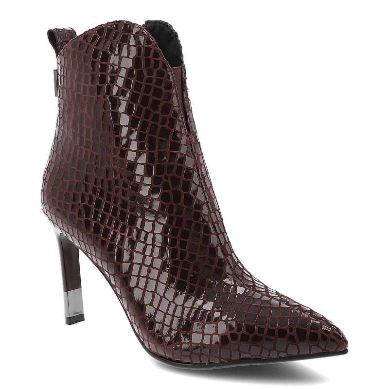 Botki damskie S. Barski, na szpilce skórzane we wzorki z noskiem w szpic ocieplane i na zamek, wino, CR52-705