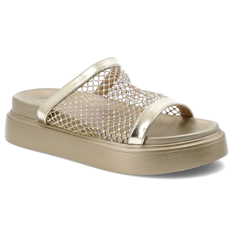 Klapki damskie S. Barski, na wysokiej platformie z siateczką eleganckie, złote, MY51-016