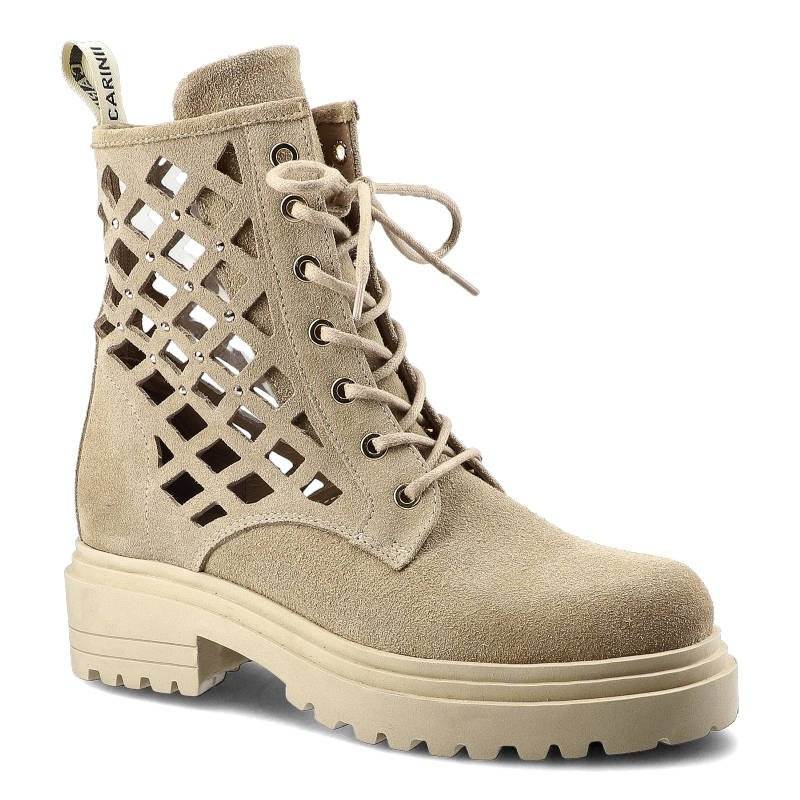 Botki damskie Carinii, z zamszową cholewką sznurowaniem ażurowymi bocznymi panelami i masywną podeszwą, beżowe, B7039_-O17-000-000-E23