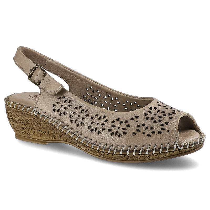 Sandały damskie Lanqier, ażurowe na lekkim koturnie i zapinane na sprzączkę, beżowe, 40C1417