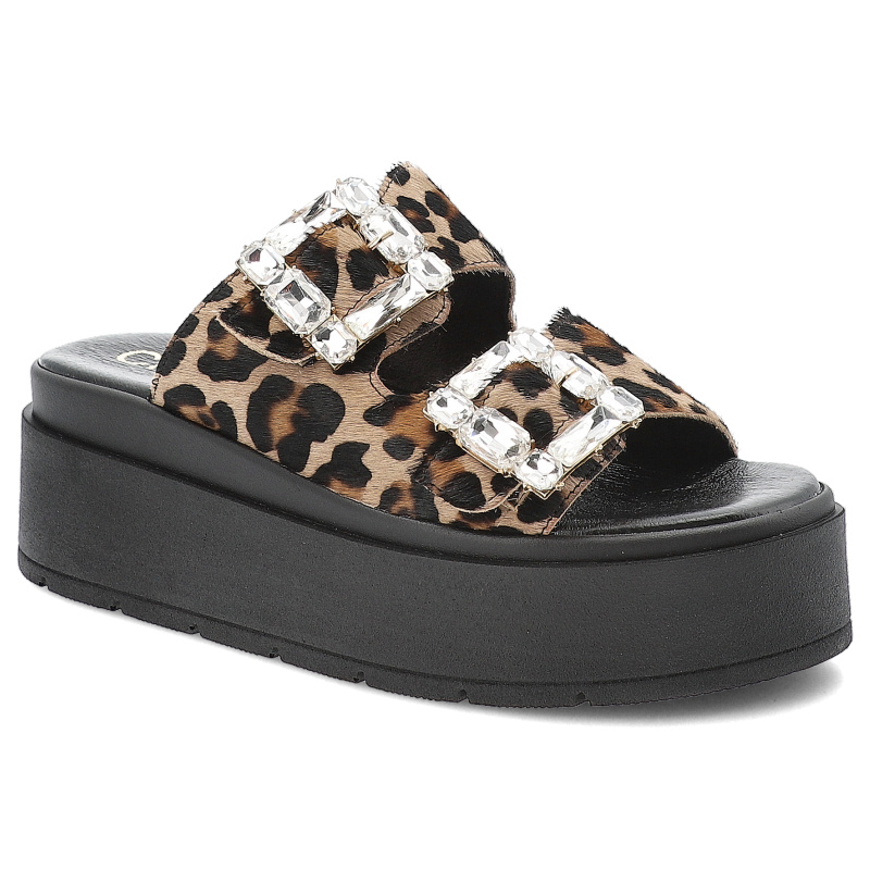 Klapki damskie Chebello, na wysokiej platformie w panterkę z ozdobnymi klamrami, brązowe, 4691-504