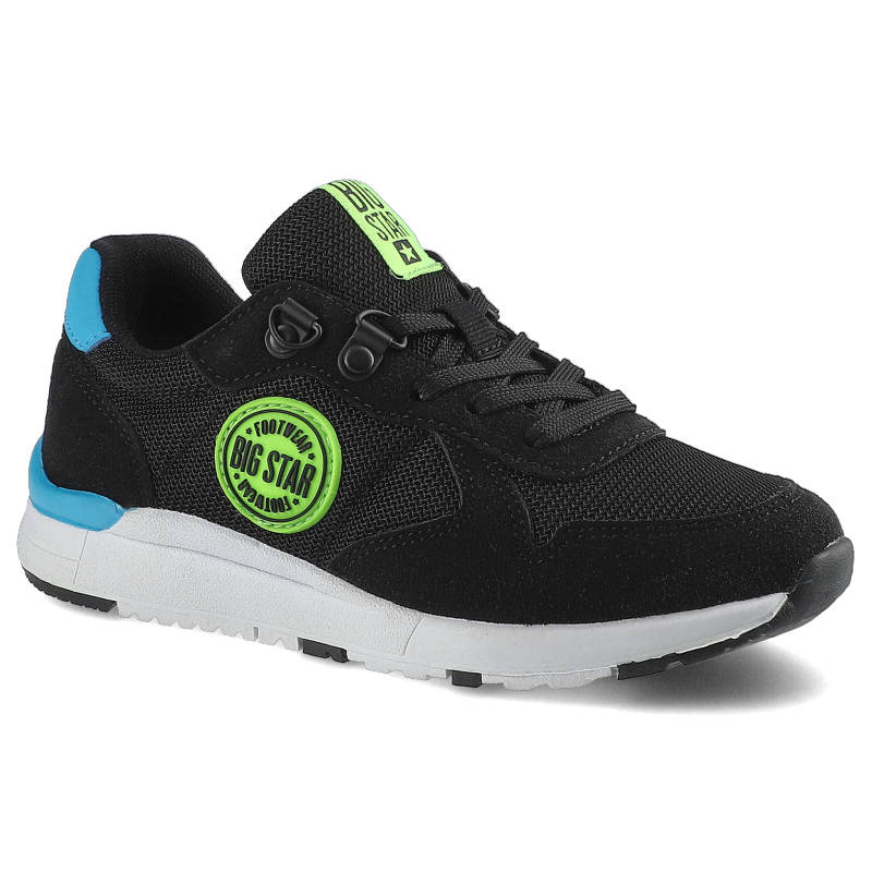 Sneakersy damskie Big Star, materiał tekstylny z elementami skóry ekologicznej w czarnej kolorystyce z klasycznym sznurowaniem kontrastowymi detalami