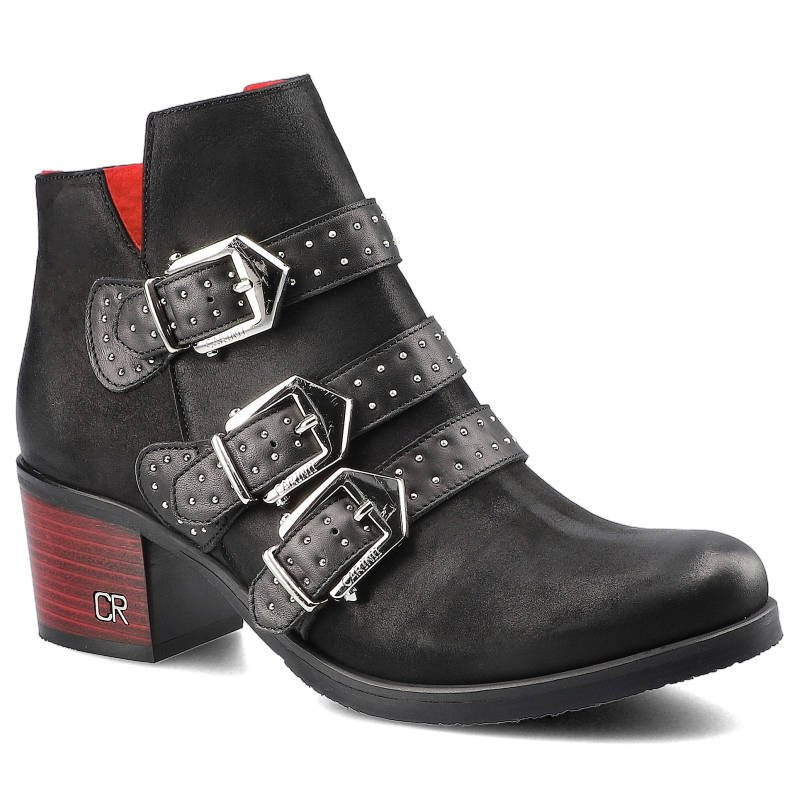 Botki damskie Carinii, skórzane i zapinane na suwak, czarne, B4502_-360-E50-POL-861