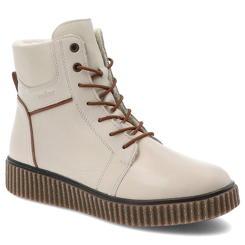 Trzewiki damskie Rieker, skórzane licowe na grubej podeszwie zapinane na zamek i ocieplane, białe, Y4303-80