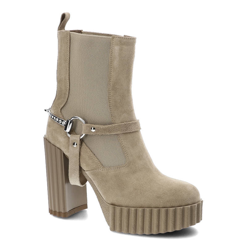 Botki damskie Carinii, naturalna skóra zamszowa cholewka za kostkę stabilny obcas typu słupek gruba traktorowa podeszwa, beżowe, B8439‑O17‑000‑000‑F1