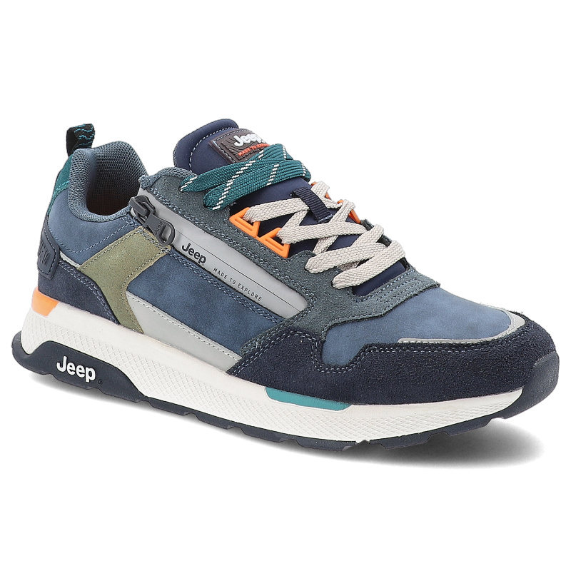 Sneakersy męskie Jeep, skórzane na platformie sznurowane i na zamek codzienne i sportowe, granatowe, JM51061A-016