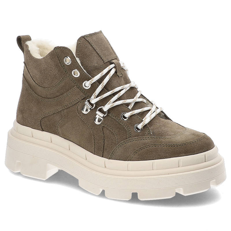 Botki damskie Kampa, z naturalnej skóry zamszowej z wysoką cholewką klasycznym sznurowaniem i ociepleniem przy krawędzi masywna podeszwa o jednolitej