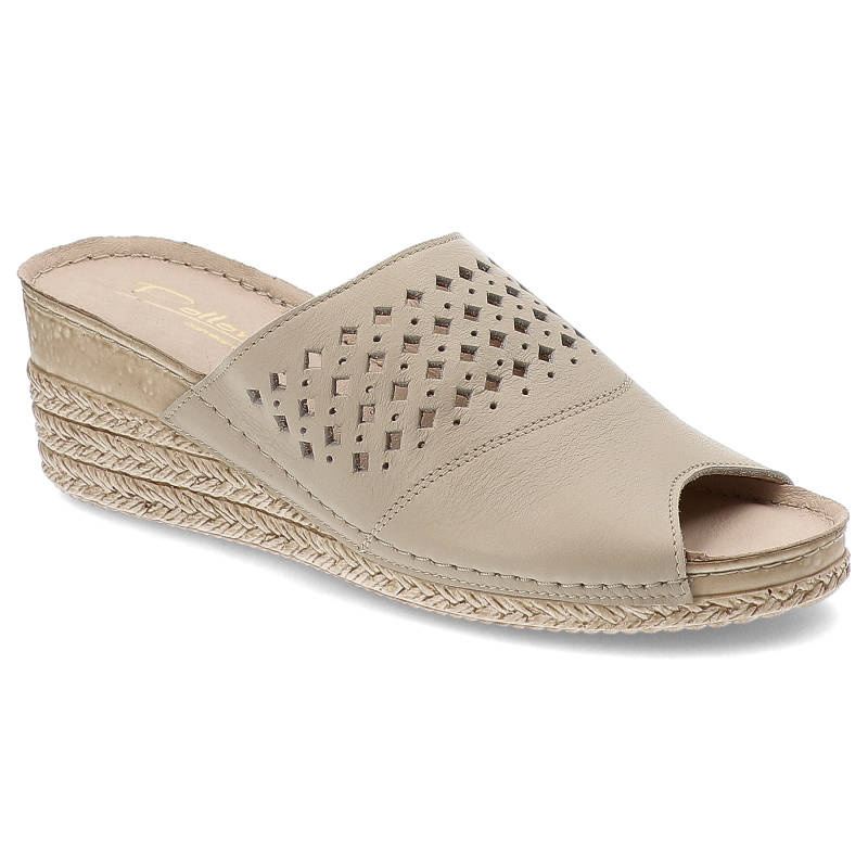 Klapki damskie Pollonus, naturalna skóra licowa z perforowaną cholewką wsuwaną konstrukcją oraz lekką podeszwą, wanilia lico perfo, 5-1400-007