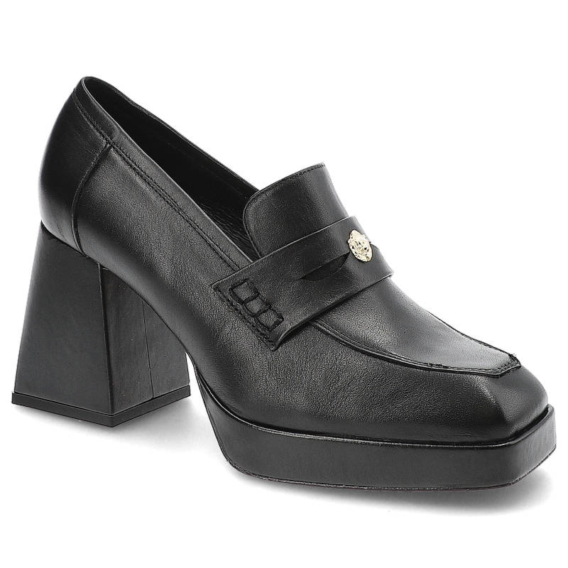 Półbuty damskie Karino, cholewka z gładkiej skóry naturalnej z paskiem na podbiciu i metalowym detalem stabilny obcas, czarne‑lico, 4400‑076‑P