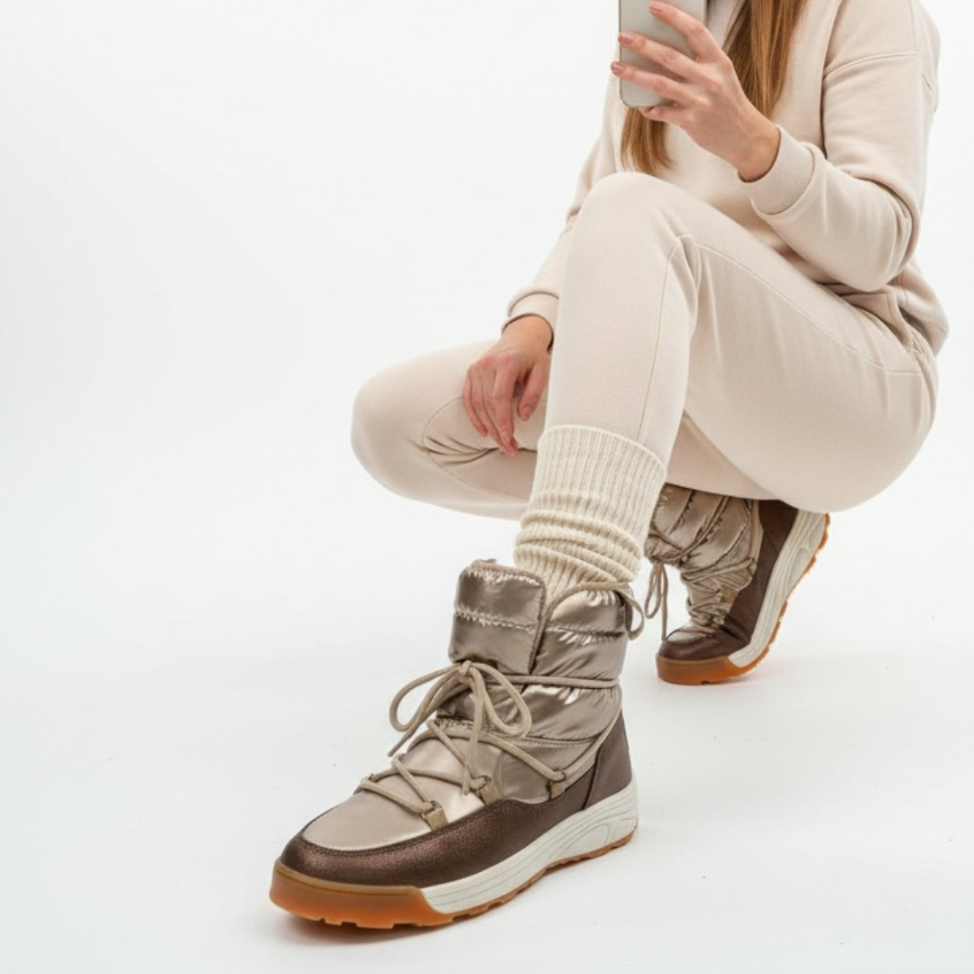 Śniegowce damskie Big Star, z połączenia materiału tekstylnego i syntetycznego z pikowaną cholewką klasycznym sznurowaniem, złote, KK274276