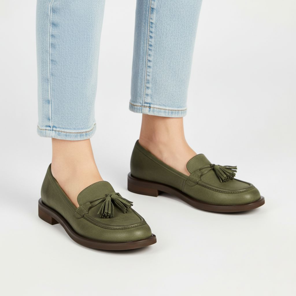 Mokasyny damskie Armodo, cholewka ze skóry naturalnej o gładkim wykończeniu z dekoracyjnymi frędzlami na podbiciu, zielone, 1726