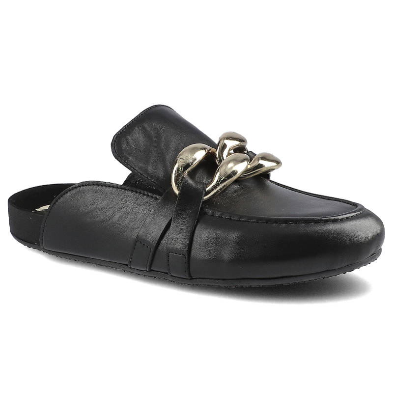 Klapki damskie Karino, naturalna skóra licowa wsuwane z zamkniętymi palcami i ozdobnym metalowym ogniwem łańcucha na podbiciu stopy na płaskiej podes