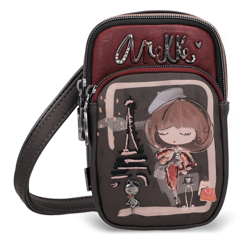 Torebka damska Anekke, mała na telefon z wzorkami zapinana na suwak i z regulowanym paskiem, brązowa, 41803-907