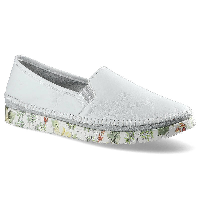 Półbuty damskie Maciejka, skóra licowa z przeszyciami i gumowym ściągaczem i kolorową płaską podeszwą w kwiecisty wzór, białe, 03512-11-00-0