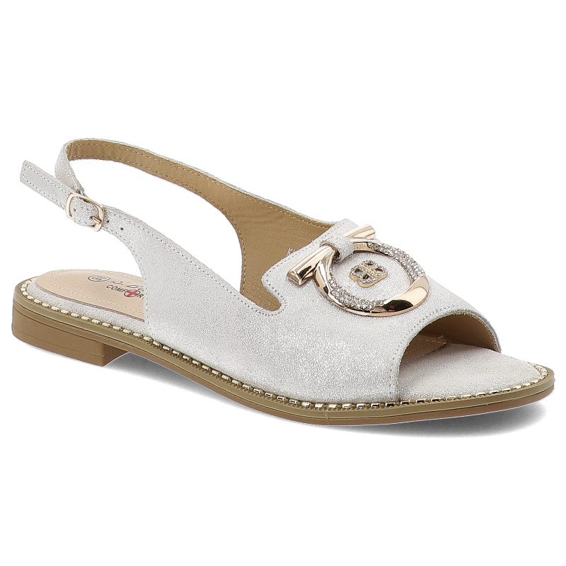 Sandały damskie S. Barski, ze sprzączką eleganckie z ozdobą na płaskim obcasie, srebrne, KV51-043