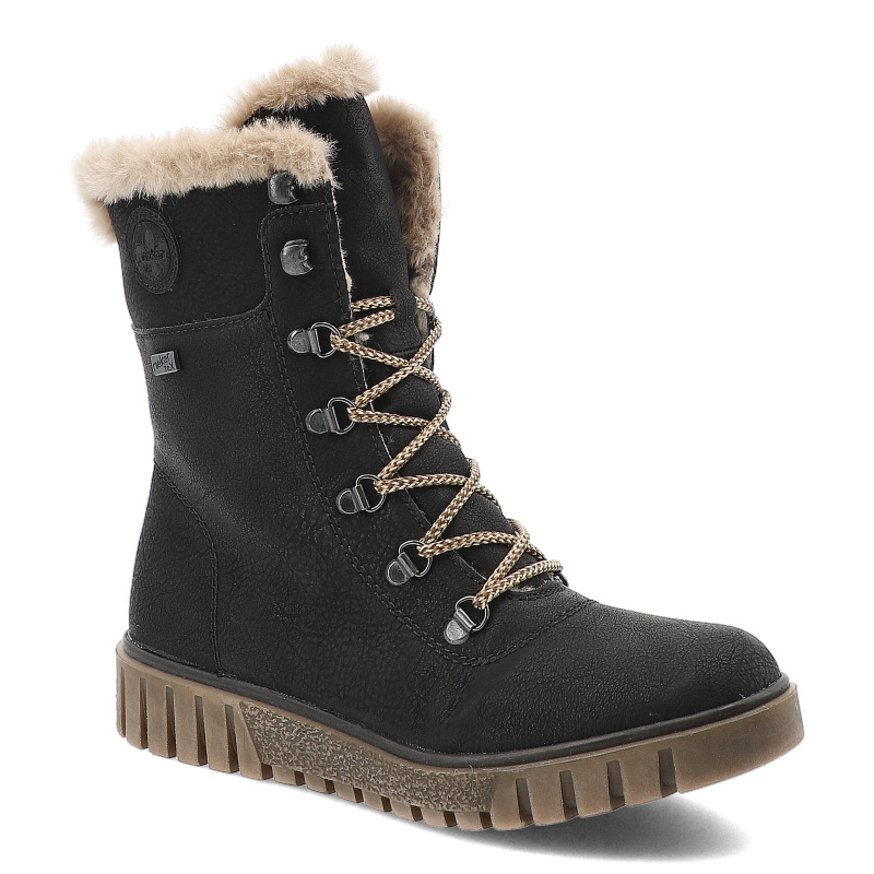 Botki damskie Rieker, za kostkę na grubej podeszwie i ocieplane futerkiem na zamek, czarne, Y3424-00