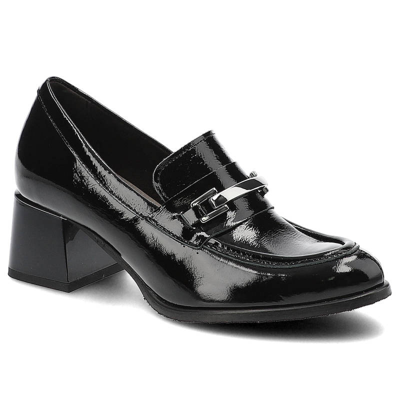 Półbuty damskie Lemar, naturalna skóra lakierowana wsuwane na stabilnym obcasie, naplak czarny, 20111
