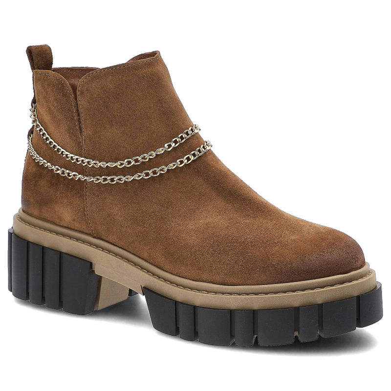 Botki damskie Chebello, naturalna skóra zamsz cholewka za kostkę z elastycznym wykończeniem zapięcie wsuwane element ozdobny w postaci łańcucha masyw