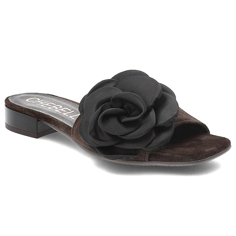 Klapki damskie Chebello, skórzane z eleganckim kwiatem na płaskim obcasie, brązowe, 4673-080