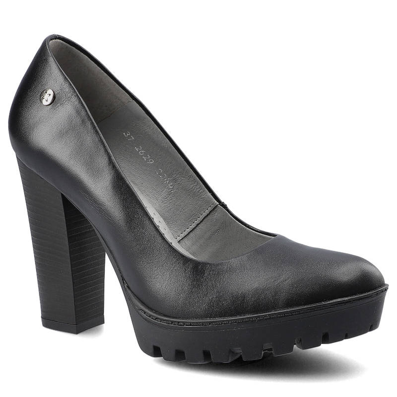 Czółenka damskie Maciejka, wsuwane ze skóry licowej na wysokim kwadratowym słupku, czarne, 02629-01-00-1