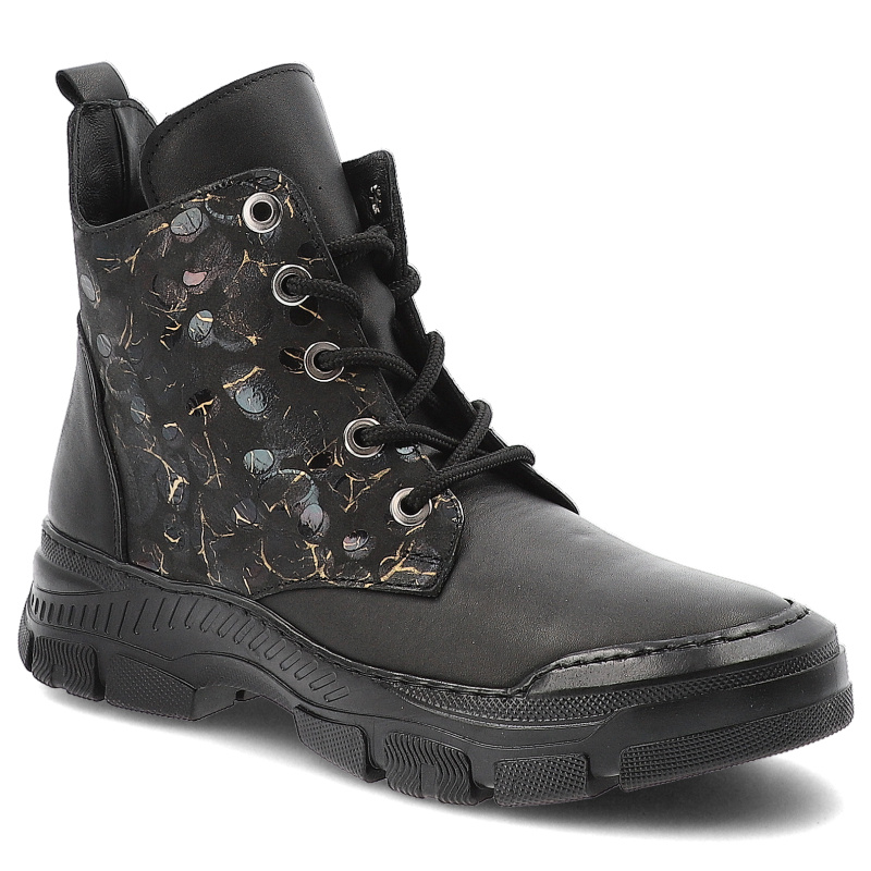 Botki damskie Artiker, skórzane zdobione na płaskim obcasie z okrągłym noskiem za kostkę i na zamek, czarne, 57C2179