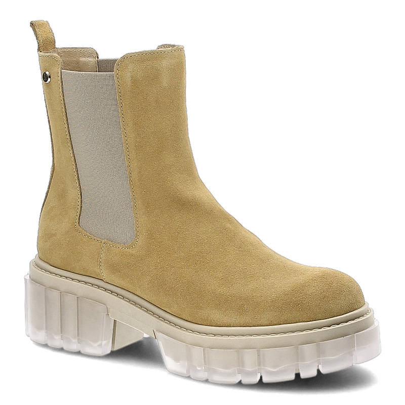 Botki damskie Lemar, wykonane ze skóry zamszowej z elastycznymi panelami bocznymi masywną podeszwą z tworzywa i pętelką z tyłu cholewki, piaskowe, 30