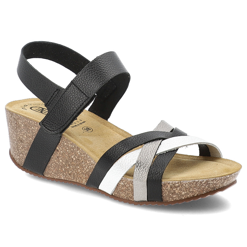 Sandały damskie HEE, skórzane na koturnie na rzepy z wygodnymi wkładkami, czarne, 25012