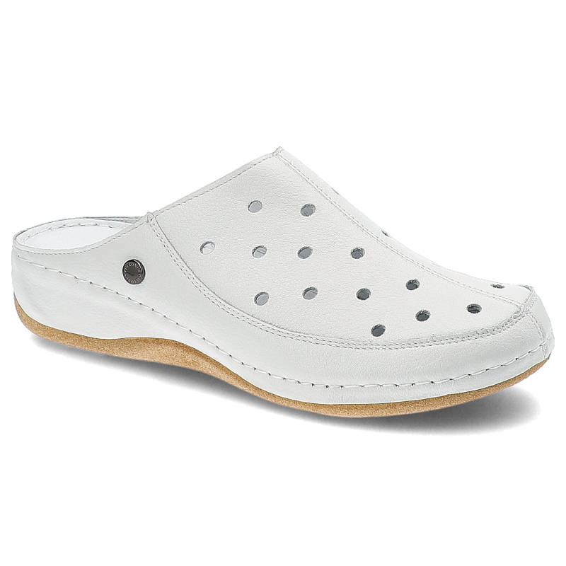 Klapki damskie Pollonus, perforowana skórzana cholewka zapewniająca przewiewność wsuwany fason ułatwiający zakładanie, biały floter, 5-1408-007