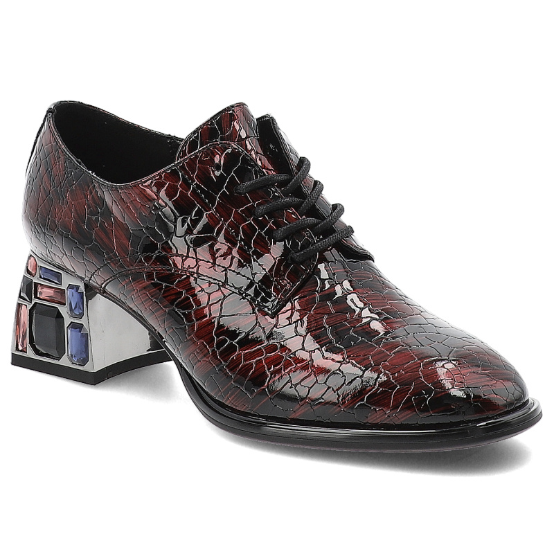 Półbuty damskie Artiker, na klocku lakierowane bogato zdobione i sznurowane, bordowe, 57C0073