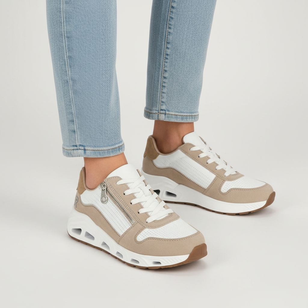 Sneakersy damskie Rieker, cholewka ze skóry ekologicznej i materiału tekstylnego o dynamicznej sportowej sylwetce z panelową konstrukcją sznurowanie