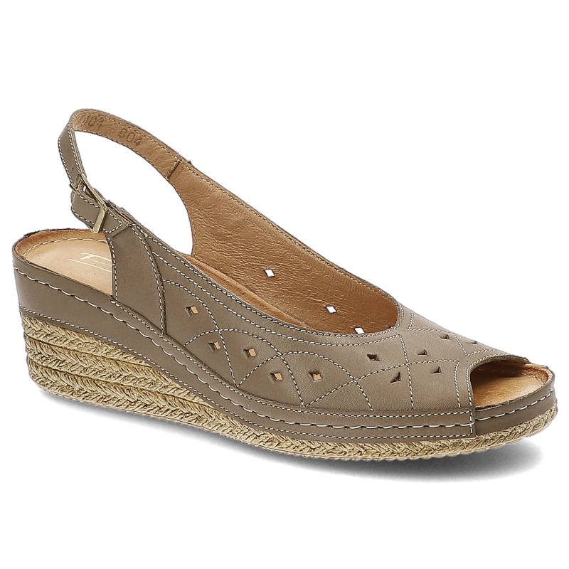 Sandały damskie Pollonus, wykonane ze skóry naturalnej licowej z ażurową perforacją na cholewce wsuwaną konstrukcją z odkrytą piętą i podeszwą na kot