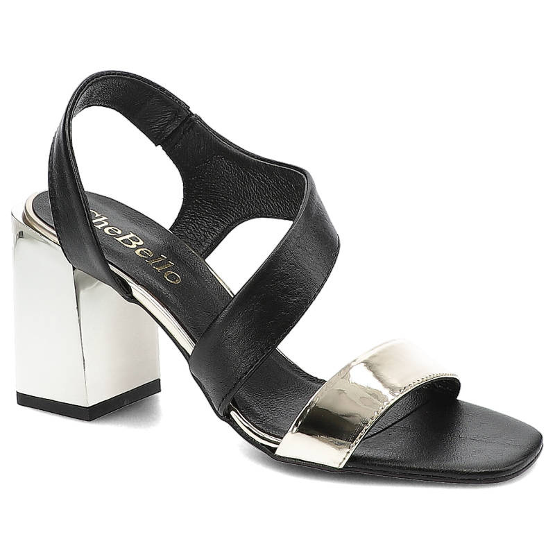 Sandały damskie Chebello, ze skóry naturalnej licowej z kontrastowym metalicznym paskiem z przodu elastyczną wstawką przy pięcie i masywnym obcasem,