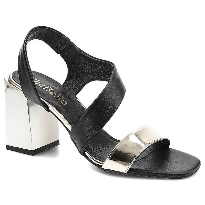 Sandały damskie Chebello, ze skóry naturalnej licowej z kontrastowym metalicznym paskiem z przodu elastyczną wstawką przy pięcie i masywnym obcasem,