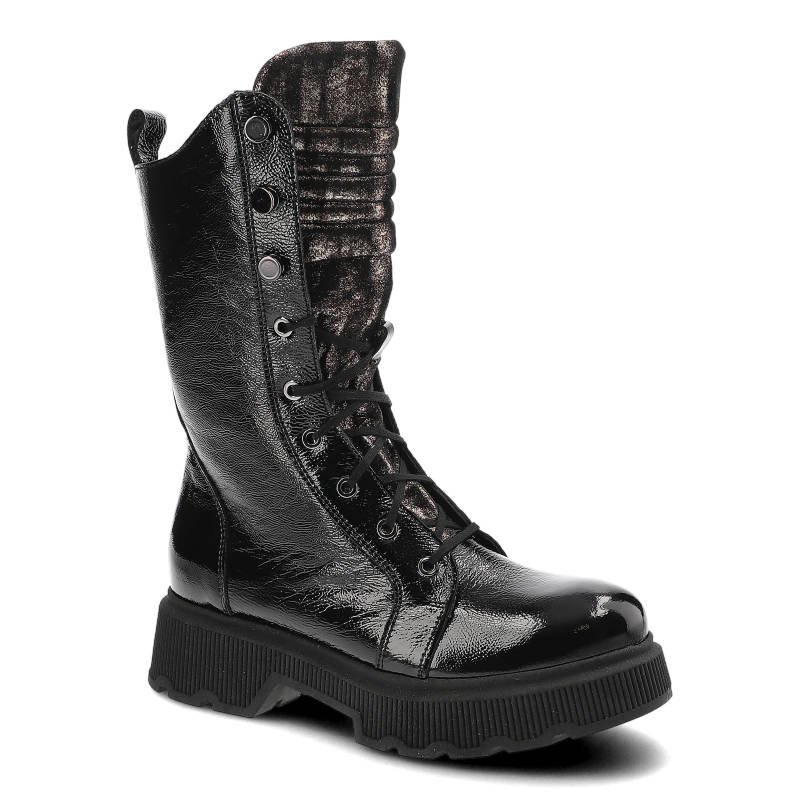 Trapery damskie Clasicco, naturalna skóra lakierowana z dodatkiem materiału filcowa wkładka ocieplane wnętrze, czarny, 2250-01AM-W2