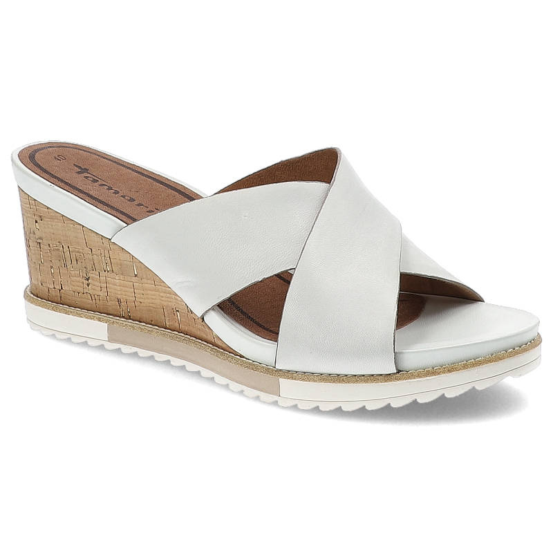 Klapki damskie Tamaris, wykonane z materiału o gładkiej powierzchni z szerokimi krzyżującymi się paskami na przodzie, białe, 1-27201-28-100