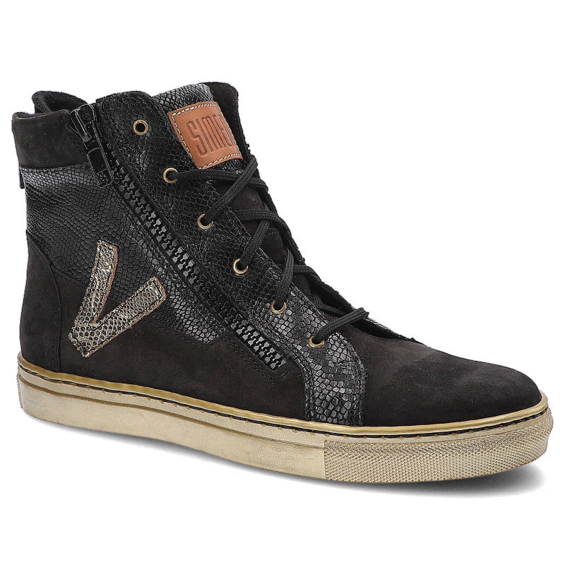 Botki damskie Simen, skórzane na płaskiej podeszwie, czarne złote, 8712-S04-Gr-Cz-Gr-Zl