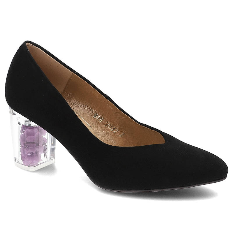 Czółenka damskie Espirito, naturalna skóra zamszowa transparentny obcas z dekoracyjnym akcentem smukły nosek, czarny, C919-1