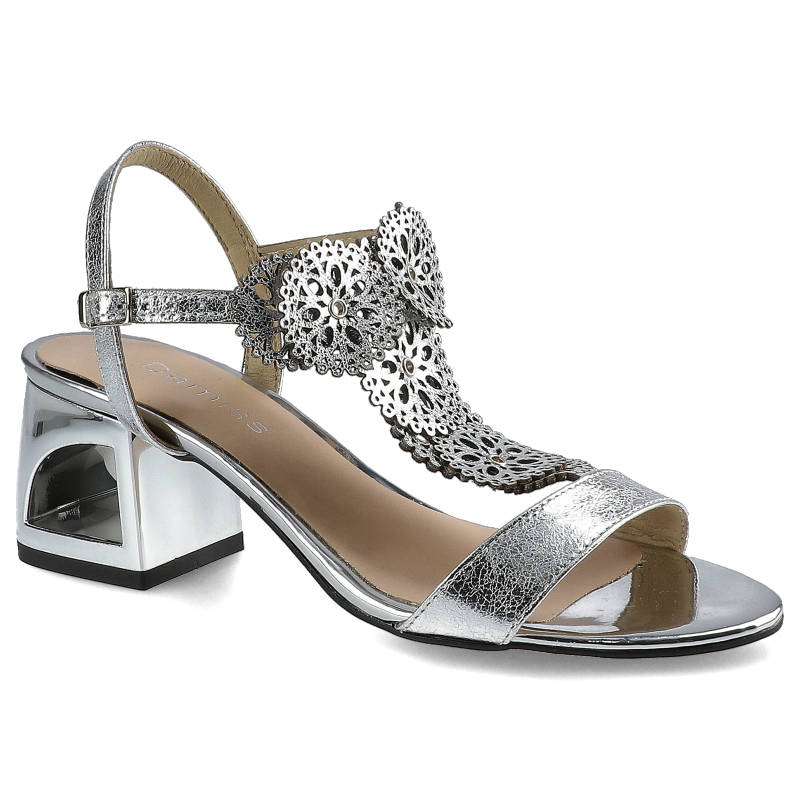 Sandaly damskie Damiss, sandały na obcasie regulowane zapięcie na pasek cholewka ze skóry naturalnej metalizowanej z ażurową aplikacją stabilny geome