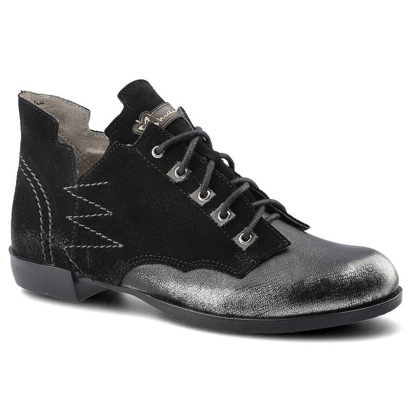 Trzewiki damskie Maciejka, Model sznurowany z niskim obcasem wykonany z połączenia skóry i materiału zamszowego, czarne na srebro, 2522K-01-00-5
