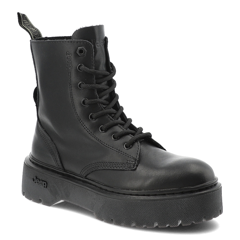 Trapery damskie Jeep, skórzane z okrągłym noskiem na grubej platformie na suwak, czarne, JL52670A-062