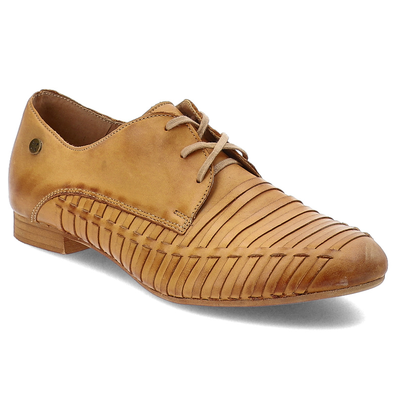 Półbuty damskie Maciejka, przeplatana skóra naturalna ze sznurowaniem i niskim obcasem, rude, 03527-29-00-5