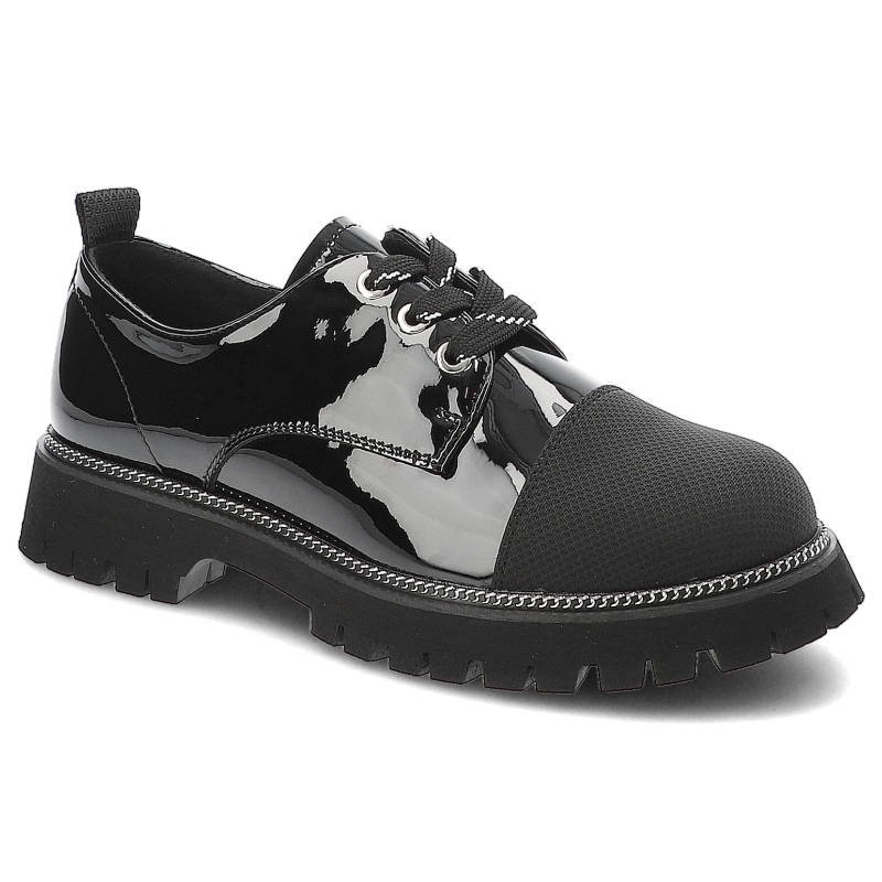 Półbuty damskie Artiker, cholewka z lakierowanej skóry z kontrastowym noskiem i klasycznym sznurowaniem masywna podeszwa z dekoracyjnym łańcuszkiem p