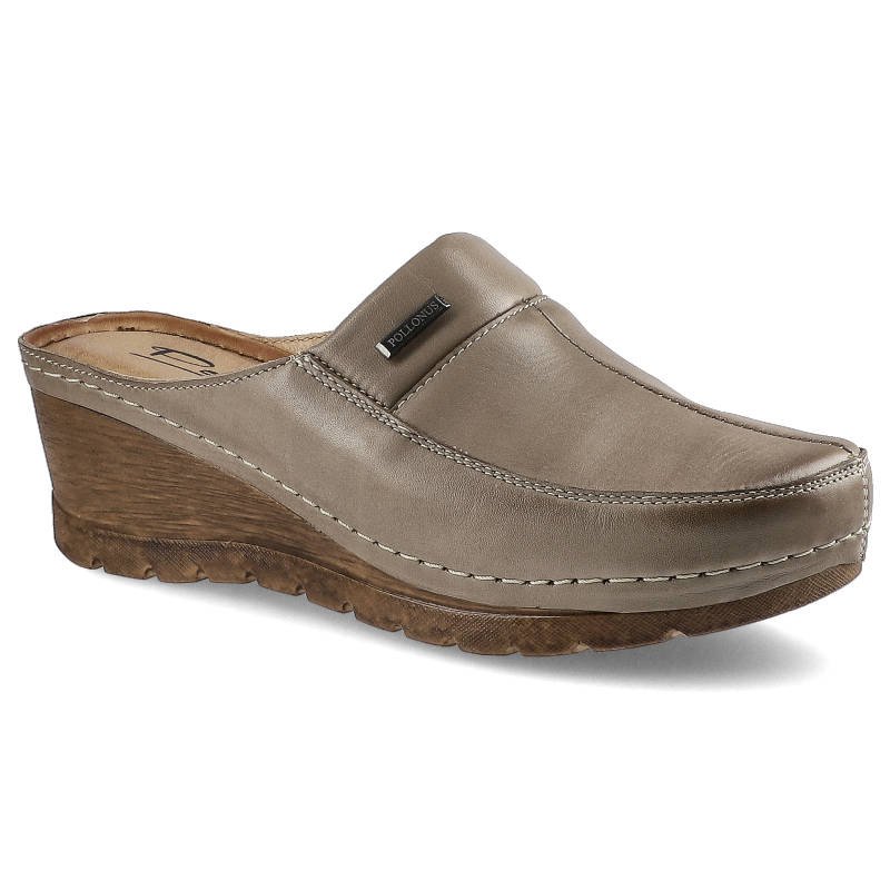 Klapki damskie Pollonus, na koturnie i ze skóry naturalnej, capucino, 5-0943-015