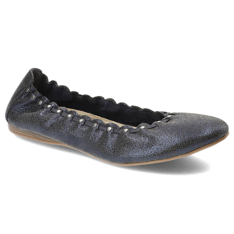 Baleriny damskie Tamaris, naturalna skóra licowa w ciemnym metalizowanym odcieniu z elastyczną cholewką z marszczeniem przy krawędzi oraz cienką płas