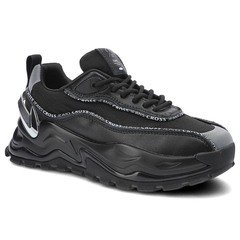 Sneakersy damskie Cross Jeans, z połączenia materiałów syntetycznych z łączoną cholewką o dynamicznej formie oraz grubą amortyzującą podeszwą, czarne