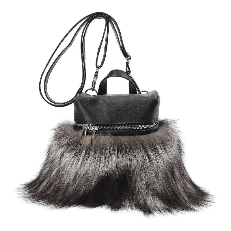 Czarno Szara Elegancka Torebka Luka-Pelli Plecaczek Z Naturalnym Futrem Z Lisa